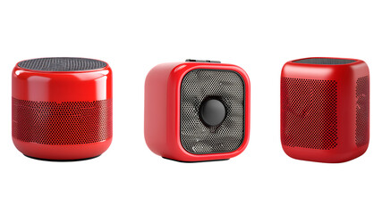 Three Red Speakers with Mesh Grille Design in a Row on white or transparent background.
