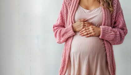 a pregnant woman gently cradles her baby bump while wearing a cozy pink cardigan and a soft blush-colored dress against a muted backdrop.