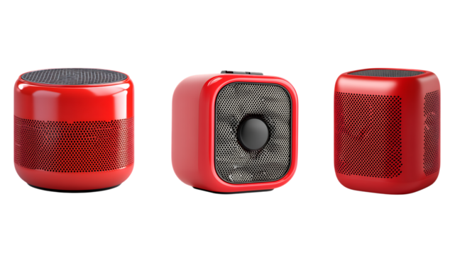 Three Red Speakers with Mesh Grille Design in a Row on white or transparent background.
