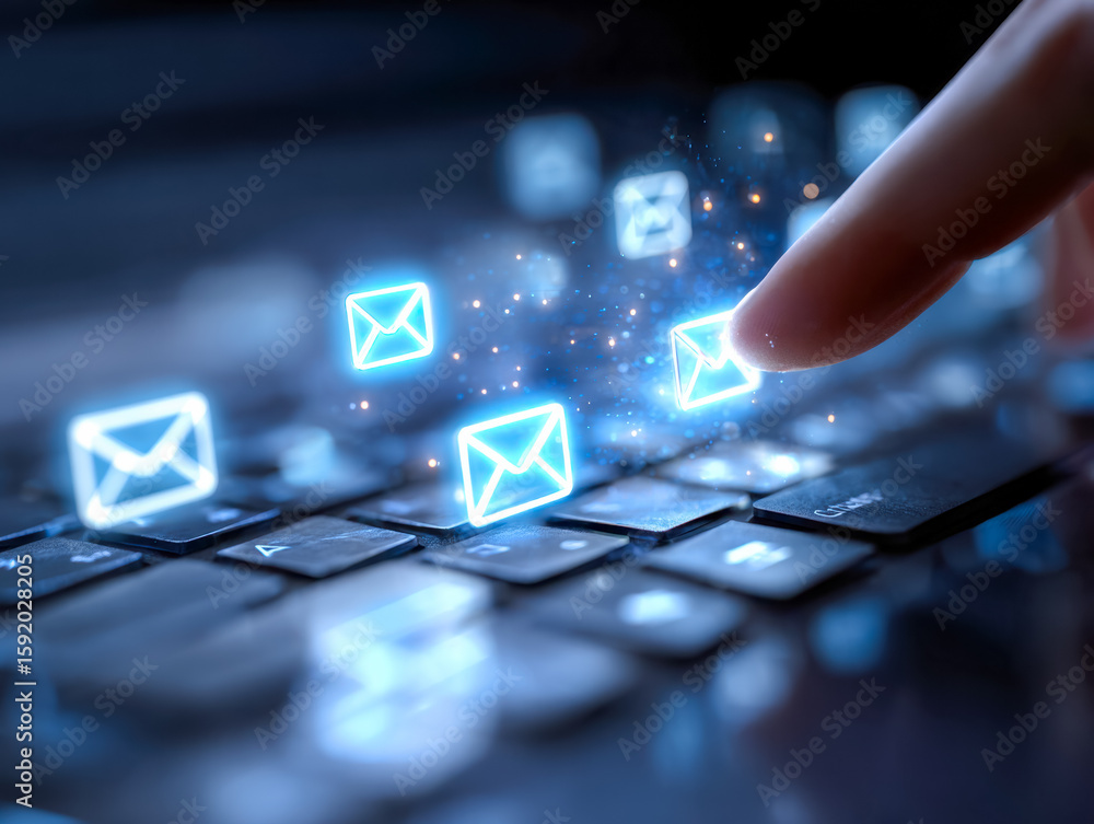 Aufkleber digital email communication concept with glowing icons and a finger interacting on a keyboard