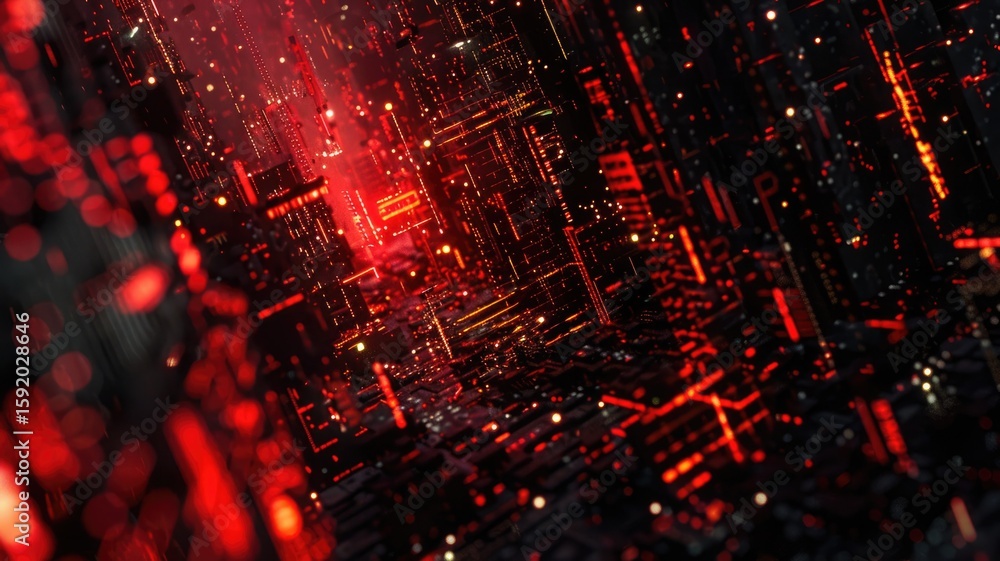 Poster abstract red digital circuit board with glowing lights. digital artwork of black electrical circle w