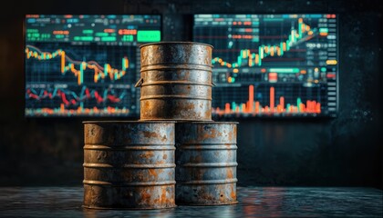 rusted oil barrels stand illuminated against a dynamic backdrop of fluctuating stock market charts and data streams.