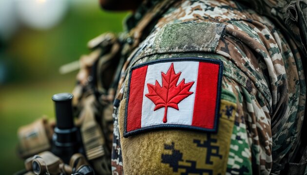 a close-up view of a canadian soldier's uniform displaying the nation's flag patch on the shoulder with tactical gear visible.
