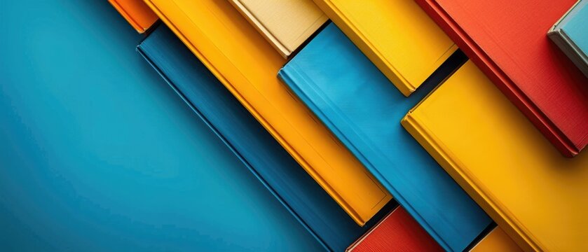 Stack of hardcover books with linen covers on a colorful background. Top down aerial view of vibrant color book cover scattering at color background. Flat lay composition with copy space. AIG55.