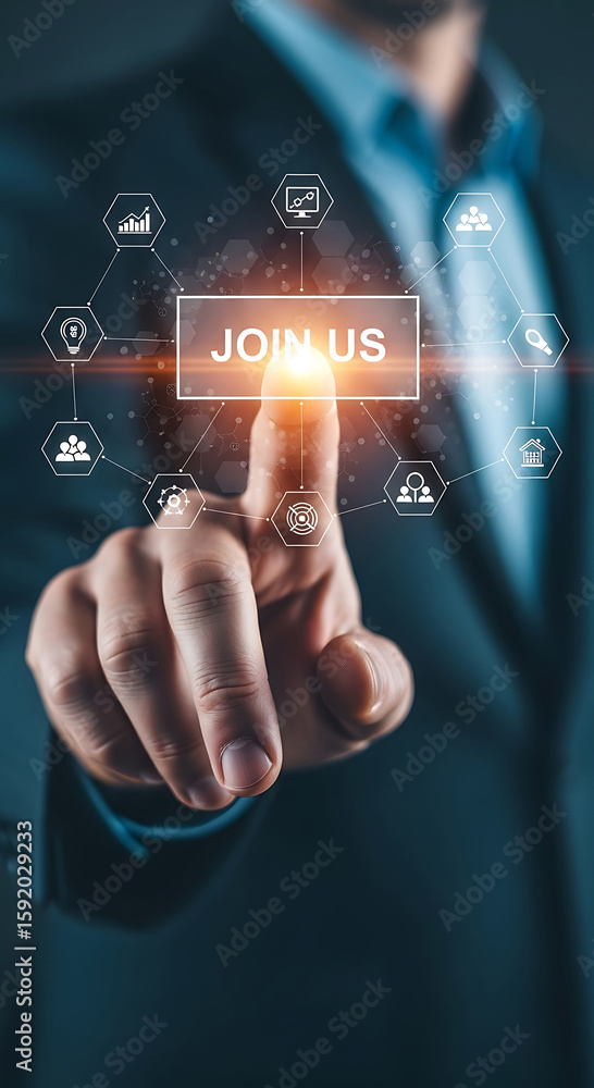 Poster businessman touching join us button with futuristic interface and network icons