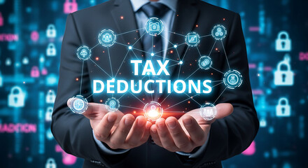 Obraz premium Businessman presenting tax deductions with a network of connected financial icons and data security.