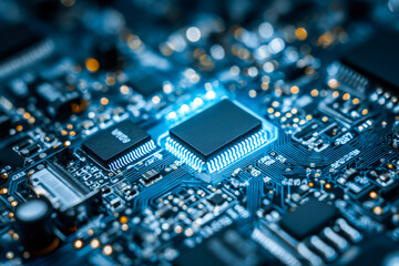 Obraz premium Close-up of a computer circuit board with illuminated components and microchips