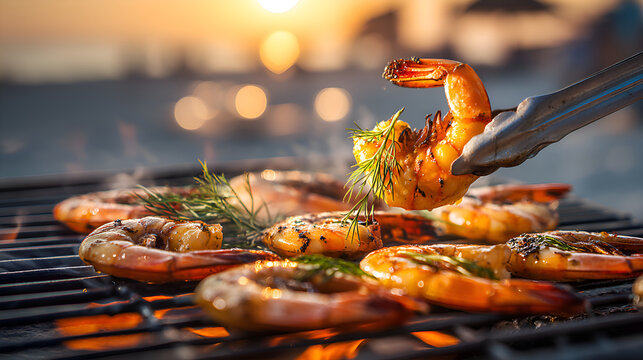 Chef grilling delicious shrimps with dill on barbecue at sunset