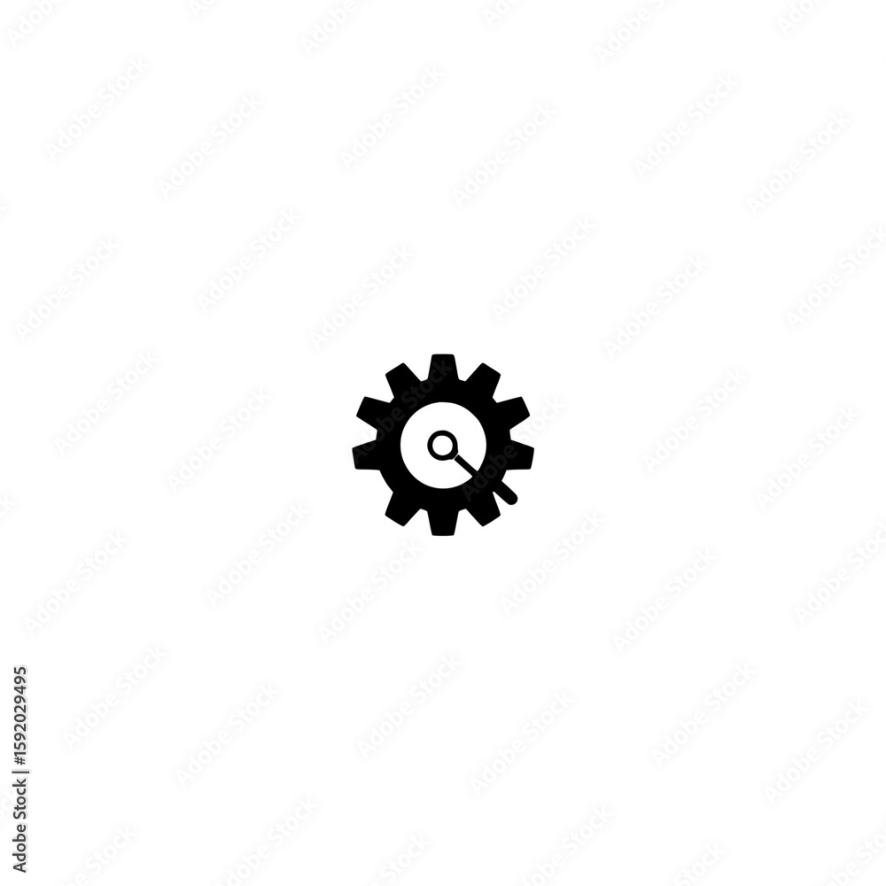 Poster gear with magnifying glass icon representing search settings and system inspection in vector style