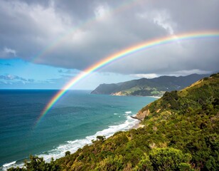 Rainbow spanning coastline under stormy clouds with verdant hills and blue ocean