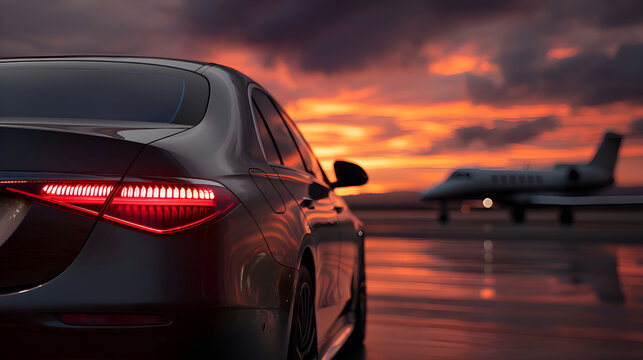 Fototapeta Luxury car and private jet reflecting sunset glow on airport tarmac