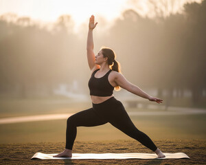 woman in warrior yoga pose in city park morning