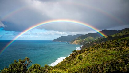 Rainbow spanning coastline under stormy clouds with verdant hills and blue ocean