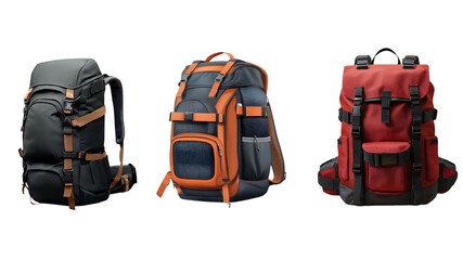 Three Backpacks in Gray, Orange, and Red with Straps on white or transparent background.
