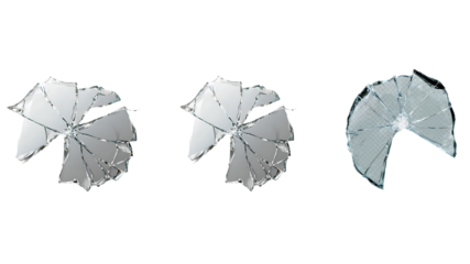 Three Broken Glass Fragments with Jagged Edges on white or transparent background.
