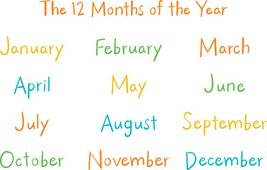 手書き英語月名セット（12ヶ月）サインペン風｜ビタミンカラー