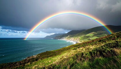 Rainbow spanning coastline under stormy clouds with verdant hills and blue ocean