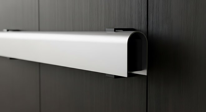 Elegant silver bar on dark wood background, Sleek design element for modern interiors against dark wood