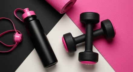 Pink and black fitness kit with dumbbells, water bottle, and yoga mat arranged on a geometric background