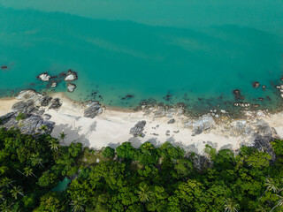 Aerial view white sand beach turquoise water with coconut palm tropical island nature landscape