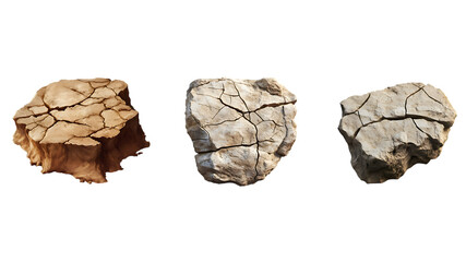 Three Cracked Dry Soil Chunks in Varying Colors on white or transparent background.
