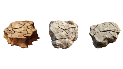 Three Cracked Dry Soil Chunks in Varying Colors on white or transparent background.
