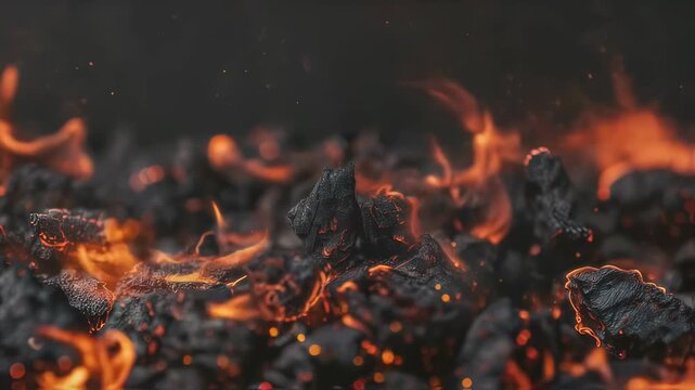 Macro video of burning charcoal briquettes glowing with orange flames and bright red sparks, fire pit footage.