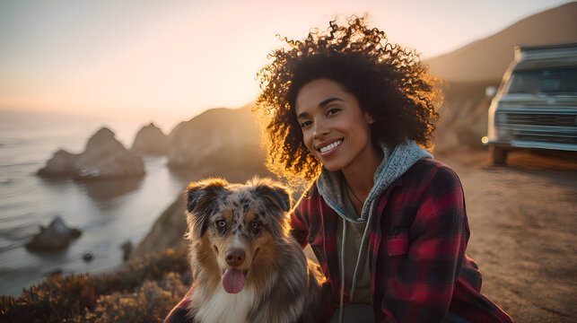 Woman enjoying sunset at the beach with her dog