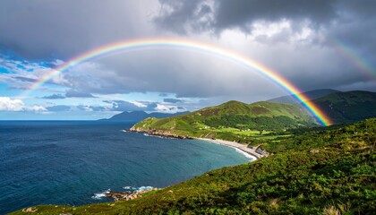 Rainbow spanning coastline under stormy clouds with verdant hills and blue ocean