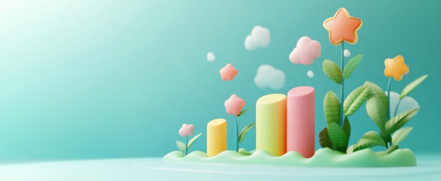 A vibrant 3D illustration depicting a colorful growth chart adorned with flowers and stars, set against a soothing pastel background, perfect for themes of progress and creativity.