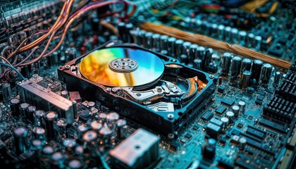 a close-up view of a disassembled hard drive revealing its internal components amidst a complex circuit board filled with capacitors and electronic pathways.