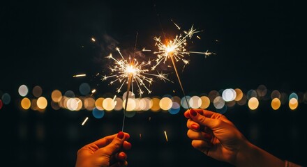 Two people holding lit sparklers with bokeh background at night
