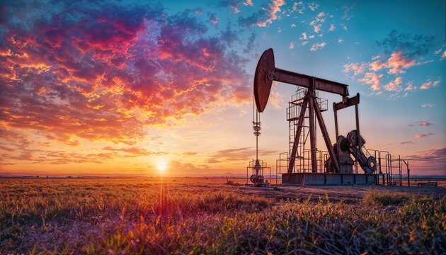 a striking oil pump silhouette stands against a vibrant and colorful sunset over a vast, golden field. - Powered by Adobe