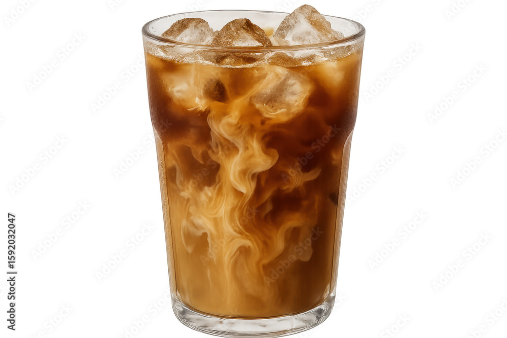 Poster refreshing iced coffee mixing with milk, creating swirling patterns, topped with ice cubes, isolated