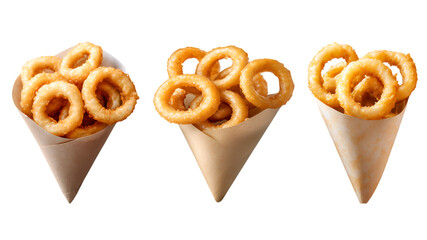 Three Paper Cones Filled with Crispy Onion Rings on white or transparent background.

