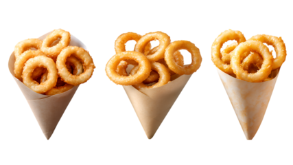 Three Paper Cones Filled with Crispy Onion Rings on white or transparent background.
