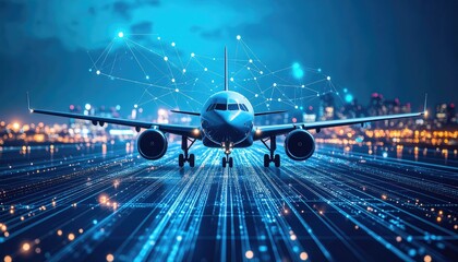 Futuristic airplane on a digital runway at night