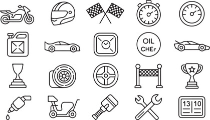 Black and white line art icons for racing and automotive