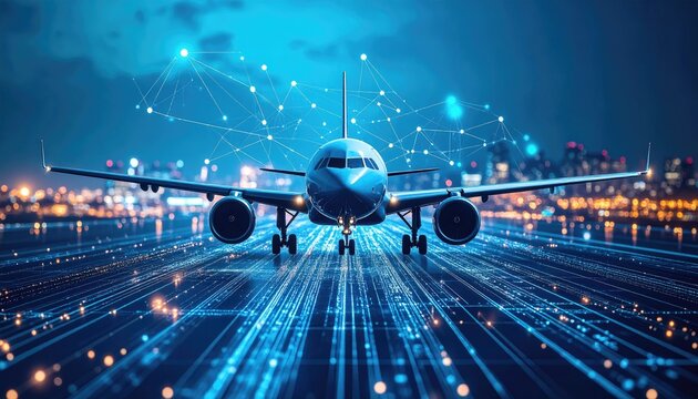 Futuristic airplane on a digital runway at night