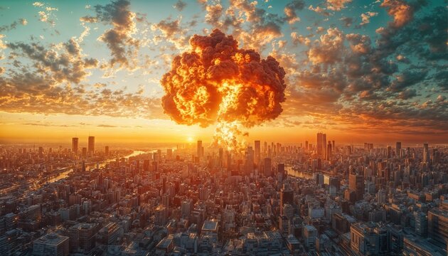 a massive mushroom cloud rises over a sprawling city engulfed in fiery destruction under a dramatic orange and cloudy sky. - Powered by Adobe