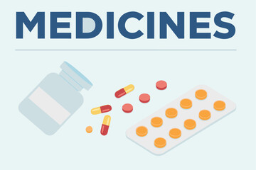 Medicines Illustration with Pill Bottle and Blister Pack Depicting Healthcare and Pharmaceuticals for Health and Medical Purposes