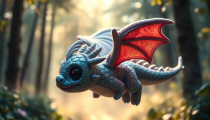 Fantasy dragon plush toy with iridescent scales and tiny wings, floating in a magical forest, dreamy lighting