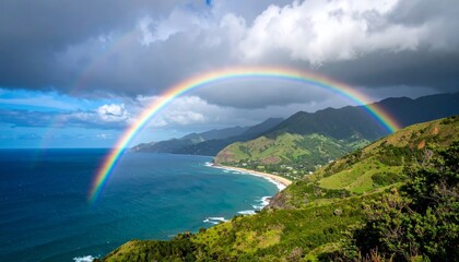 Rainbow spanning coastline under stormy clouds with verdant hills and blue ocean