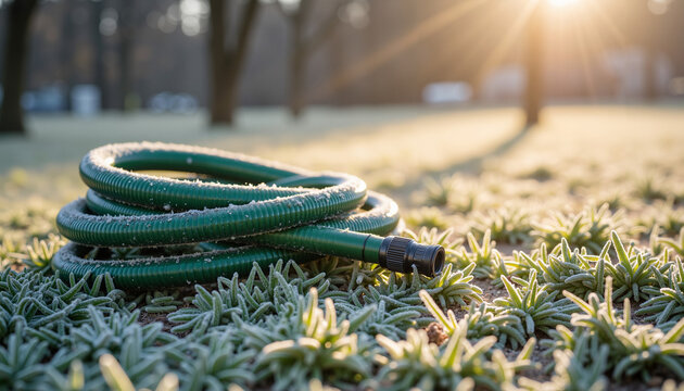 Garden winter prep with a frosted green hose on grass at sunrise  