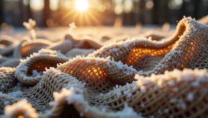 Winter garden preparation with burlap blanket and sunlit background  