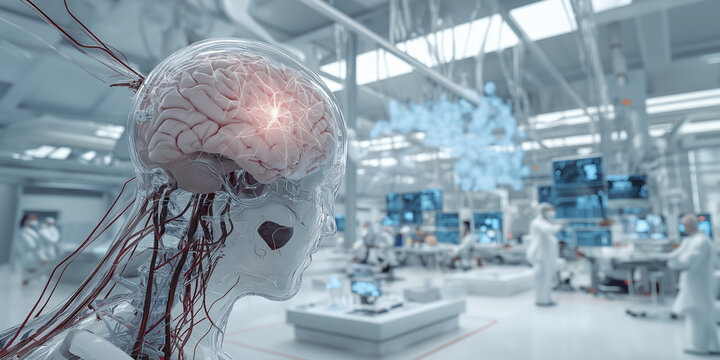 Transparent human head model with visible brain and neural connections is displayed in futuristic laboratory setting, highlighting advanced technology and medical research