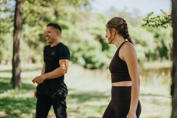 Couple engage in fitness activities outdoors surrounded by a lush, green park environment. The image captures a sense of health, activity and connection with nature through exercise and companionship.