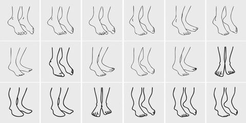 Collection of Foot Illustrations Depicting Various Poses and Angles in a Clean and Simple Black and White Style