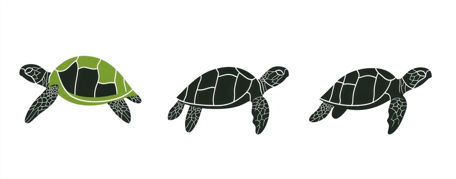 Three sea turtles in profile view