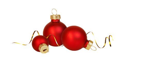 Red Christmas balls in different sizes with festive goldan ribbon isolated on white or transparent...